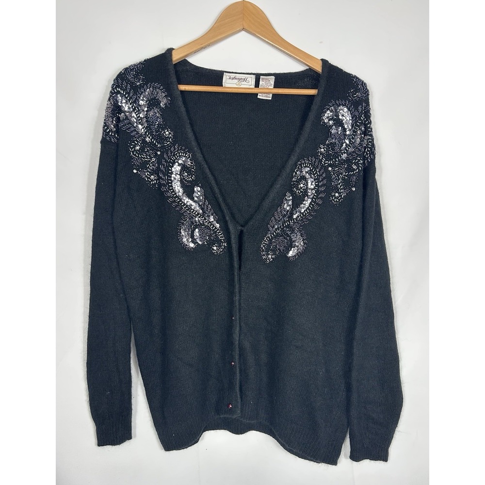 Vintage Worthington Beaded Sequin Cardigan Sweater Angora Silk Lambswool Size XL